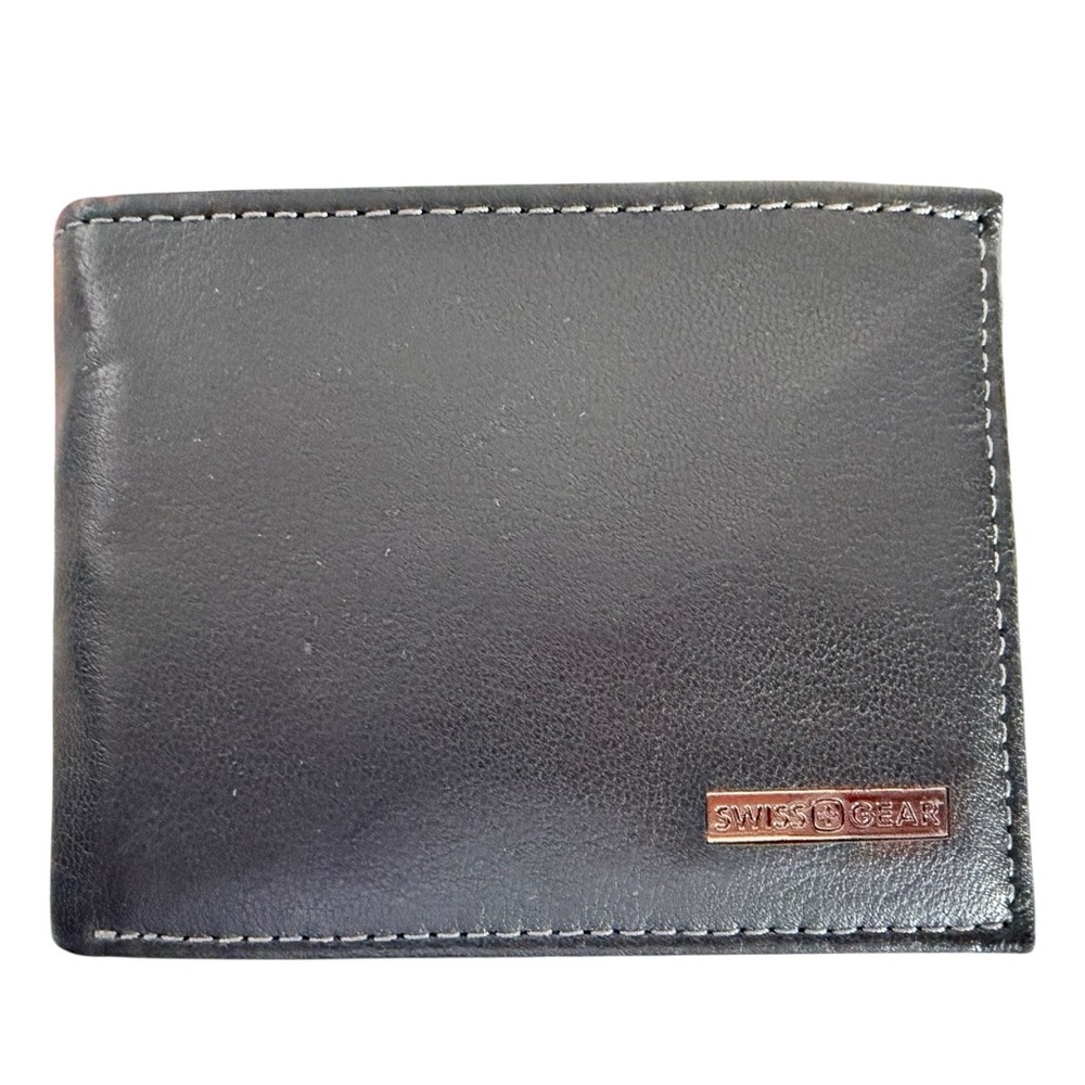 Swiss Gear Men's Leather Wallet - Bi-fold RFID Protection Black Metal 3.5”x4.5”